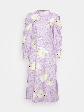 Closet London High Neck Midi Puff Sleeve Dress in Lilac Polka Dot Floral, Size 6
